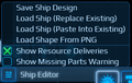 The bottom left has a menu that allows you to save and load ships